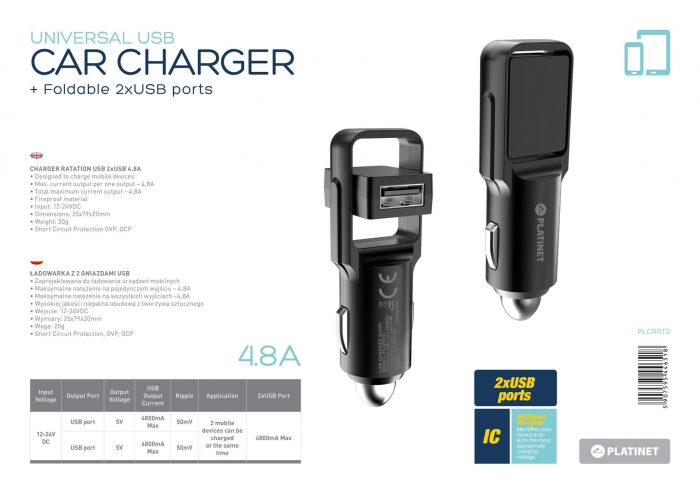 Incarcator auto Platinet 44651,rotativ,cu 2 porturi USB 4.8A ,protectie la scurt circuit,negru [4]