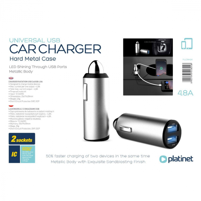 Incarcator auto Platinet 44804, 12-24V DC, 5V 2xUSB 4.8 A, protectie scurt circuit, corp metalic [7]