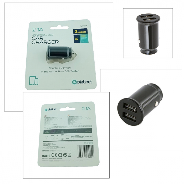 Incarcator auto Platinet 44992, 2 porturi USB, 2.1 A, protectie scurt circuit, negru [3]