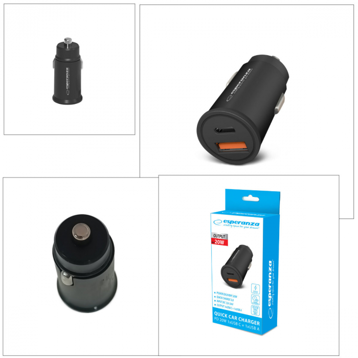 Incarcator auto rapid 20W, cu port USB-C si USB-A, Esperanza, PD, QC 3.0, intrare 12-24V, negru [5]