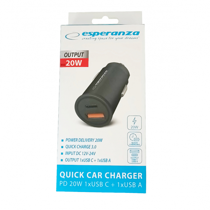Incarcator auto rapid 20W, cu port USB-C si USB-A, Esperanza, PD, QC 3.0, intrare 12-24V, negru [3]