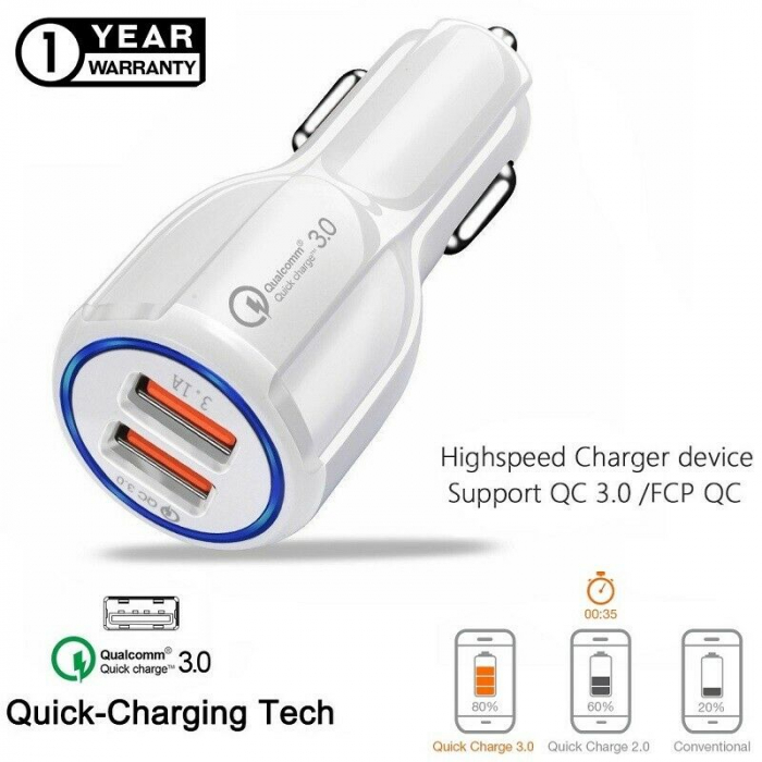 Incarcator auto rapid Qualcomm QC 3.0, 2 x USB, 36W, 3.1A, alb [5]