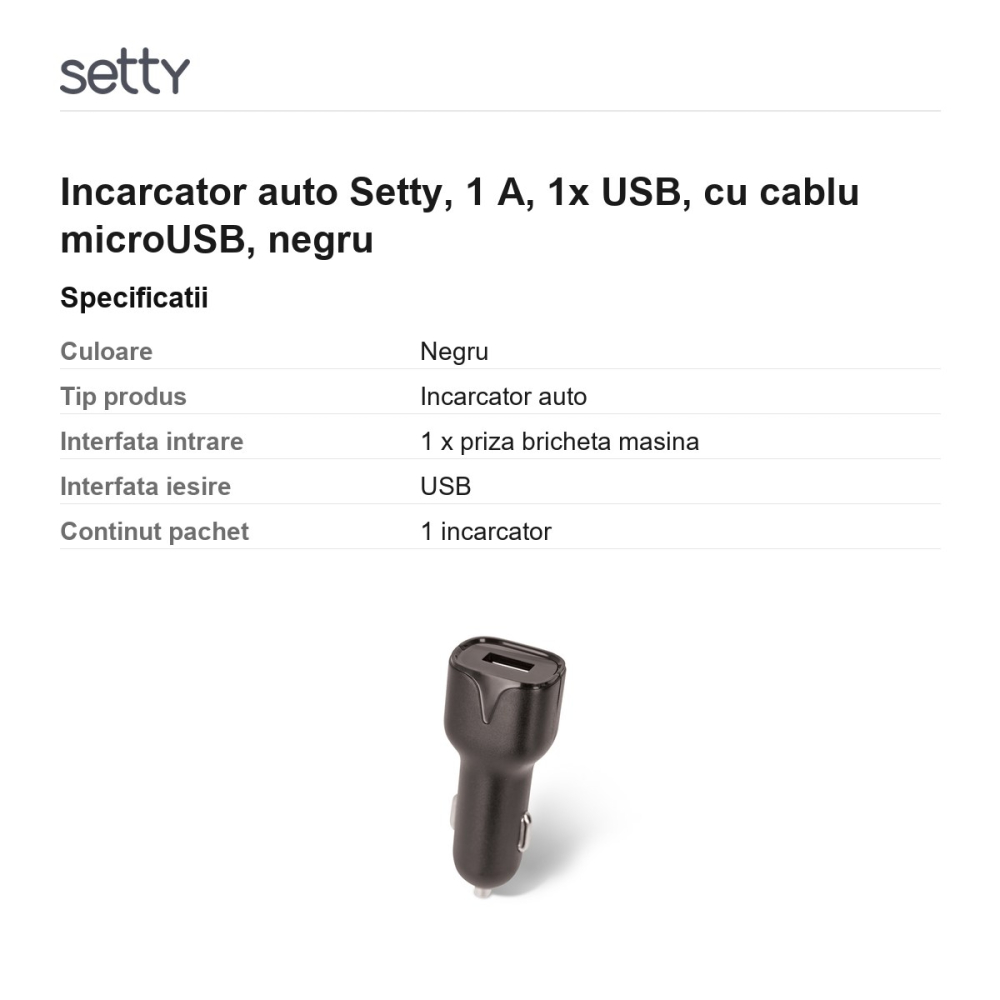 Incarcator auto Setty, 1 A, 1x USB, cu cablu microUSB, negru [3]