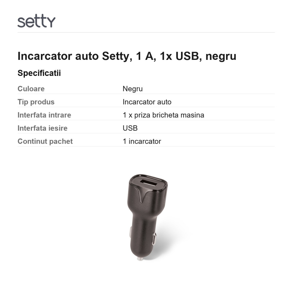 Incarcator auto Setty, 1 A, 1x USB, negru [3]
