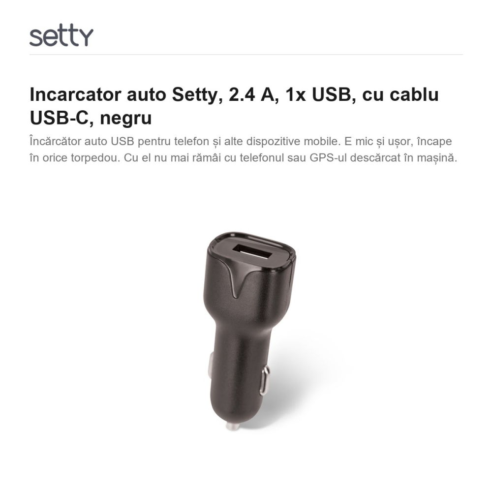 Incarcator auto Setty, 2.4 A, 1x USB, cu cablu USB-C, negru [2]