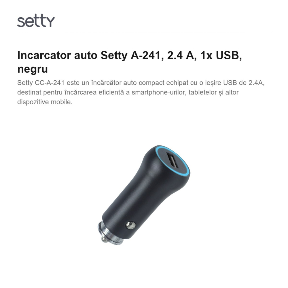 Incarcator auto Setty A-241, 2.4 A, 1x USB, negru [2]