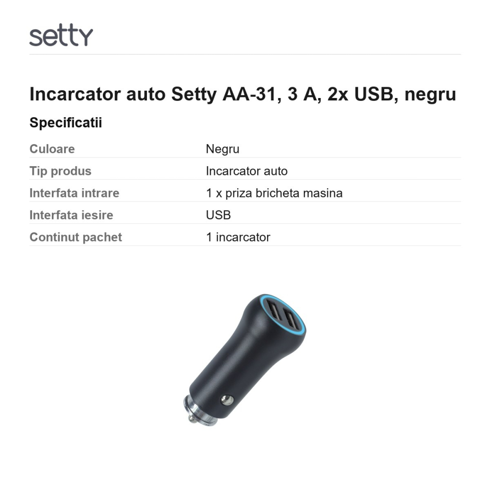 Incarcator auto Setty AA-31, 3 A, 2x USB, negru [3]