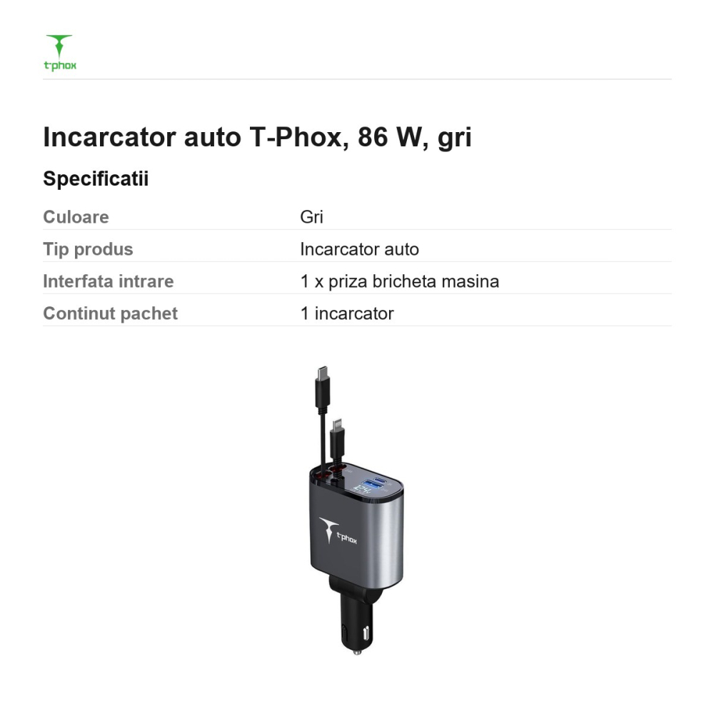 Incarcator auto T-Phox, 86 W, gri [3]