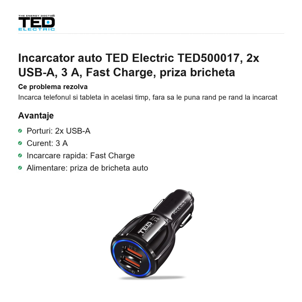 Incarcator auto TED Electric TED500017, 2x USB-A, 3 A, Fast Charge, priza bricheta [2]