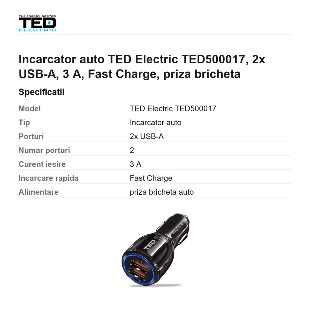 Incarcator auto TED Electric TED500017, 2x USB-A, 3 A, Fast Charge, priza bricheta [3]