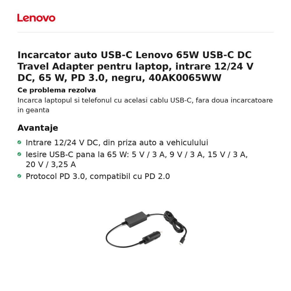 Incarcator auto USB-C Lenovo 65W USB-C DC Travel Adapter pentru laptop, intrare 12/24 V DC, 65 W, PD 3.0, negru, 40AK0065WW [2]