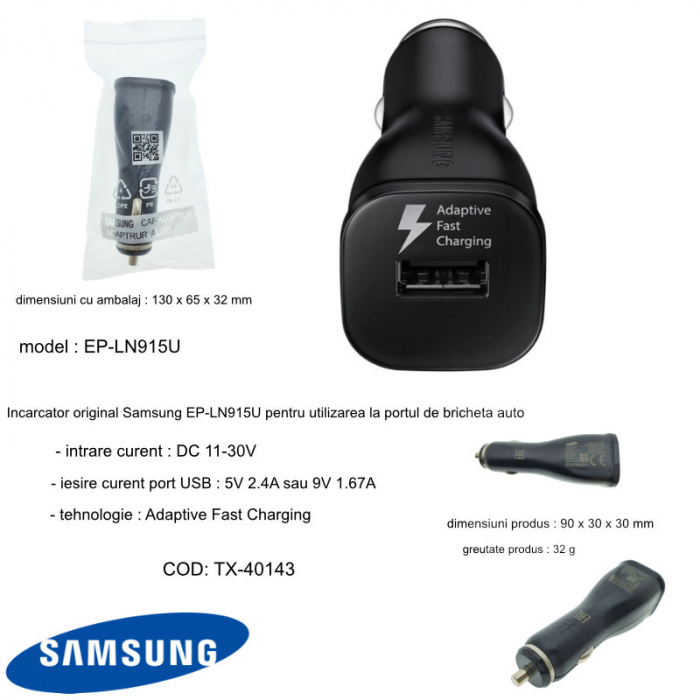 Incarcator auto USB, Samsung EP-LN915U, Adaptive Fast Charging, DC 11-30V, 5V 2A sau 9V 1.67A, negru [5]