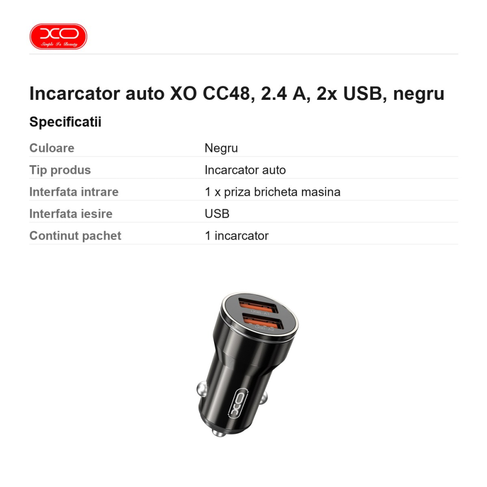 Incarcator auto XO CC48, 2.4 A, 2x USB, negru [3]