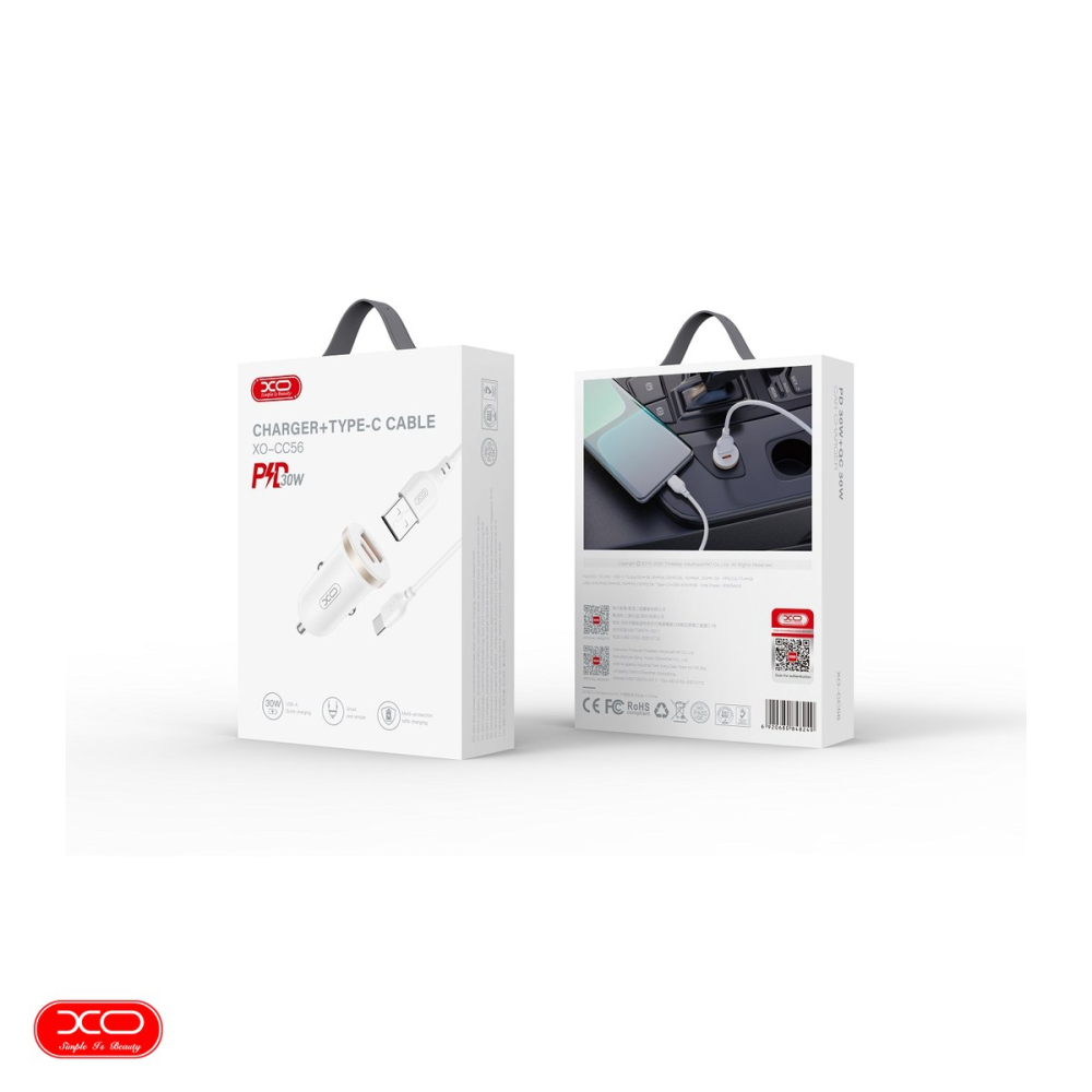 Incarcator auto XO CC56, PD QC 30 W, 1x USB + 1x USB-C, cu cablu USB - USB-C, alb [4]