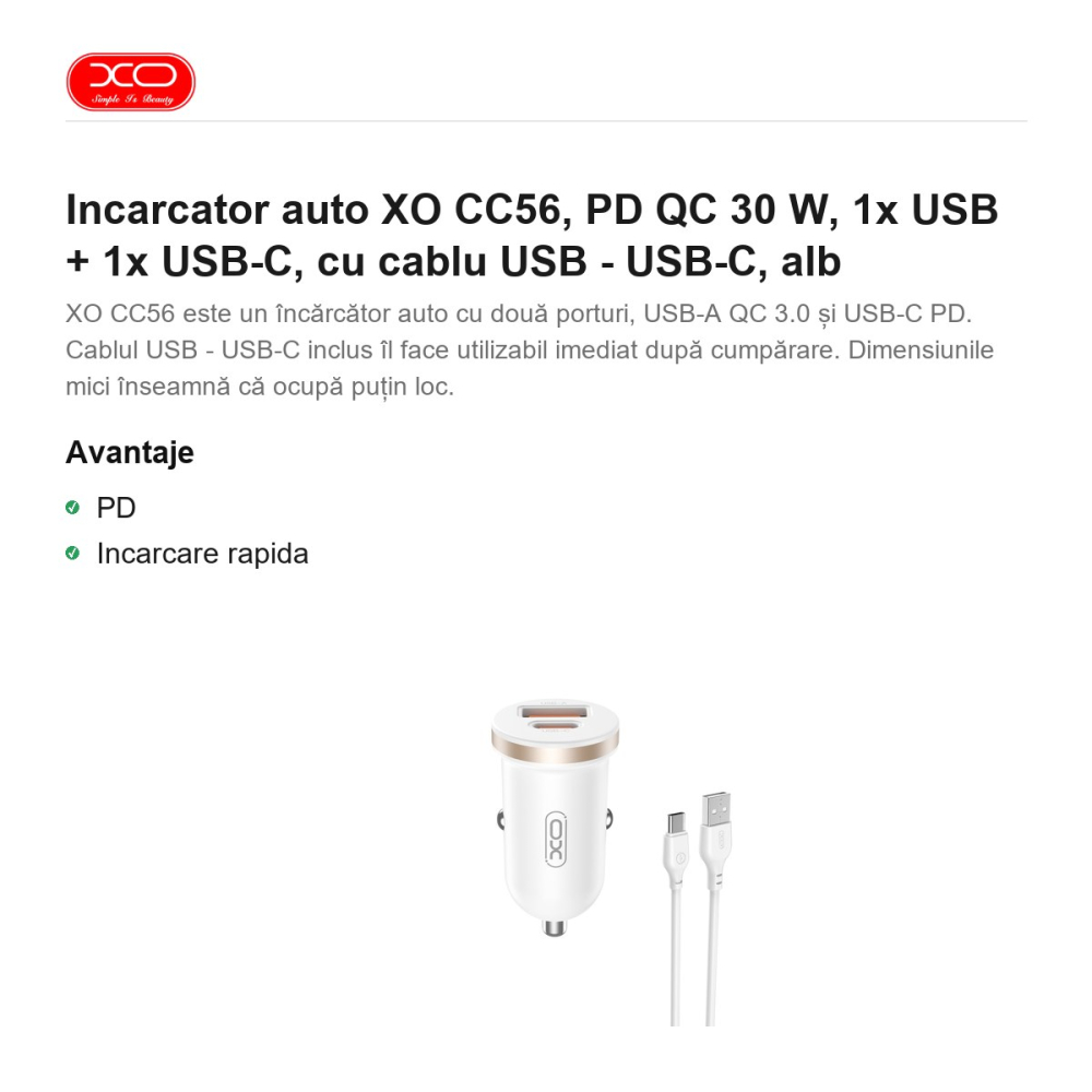 Incarcator auto XO CC56, PD QC 30 W, 1x USB + 1x USB-C, cu cablu USB - USB-C, alb [2]