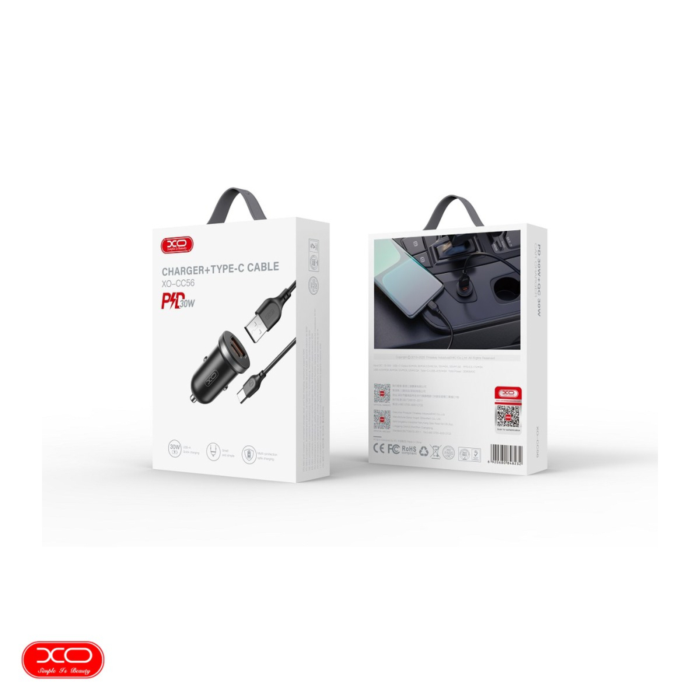 Incarcator auto XO CC56, PD QC 30 W, 1x USB + 1x USB-C, cu cablu USB - USB-C, negru [4]