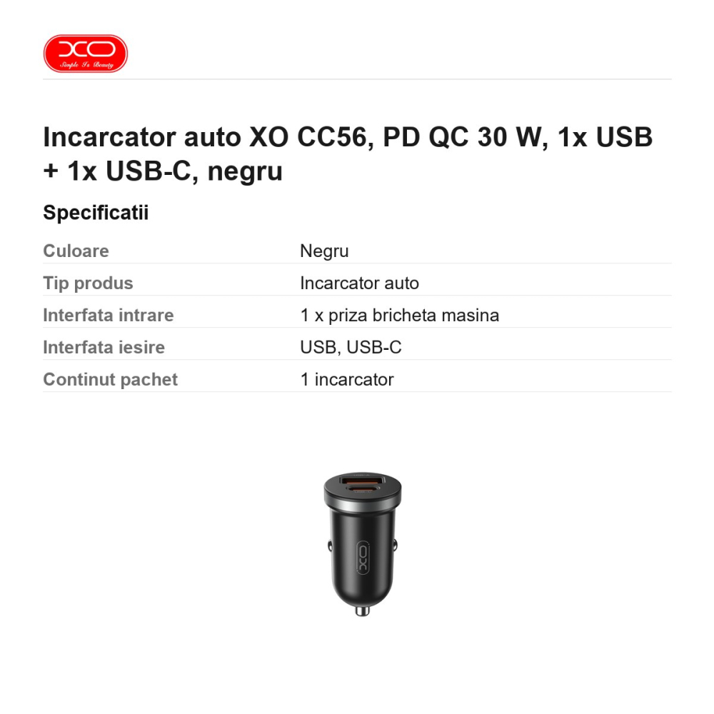 Incarcator auto XO CC56, PD QC 30 W, 1x USB + 1x USB-C, negru [3]