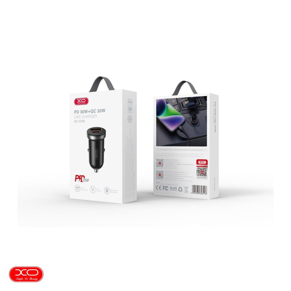 Incarcator auto XO CC56, PD QC 30 W, 1x USB + 1x USB-C, negru [4]