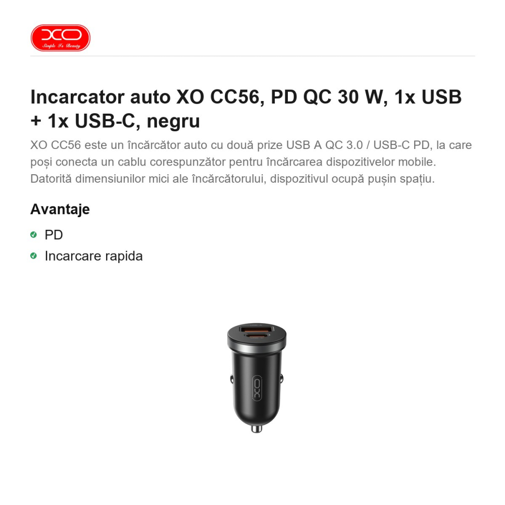 Incarcator auto XO CC56, PD QC 30 W, 1x USB + 1x USB-C, negru [2]