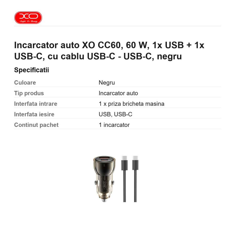 Incarcator auto XO CC60, 60 W, 1x USB + 1x USB-C, cu cablu USB-C - USB-C, negru [3]