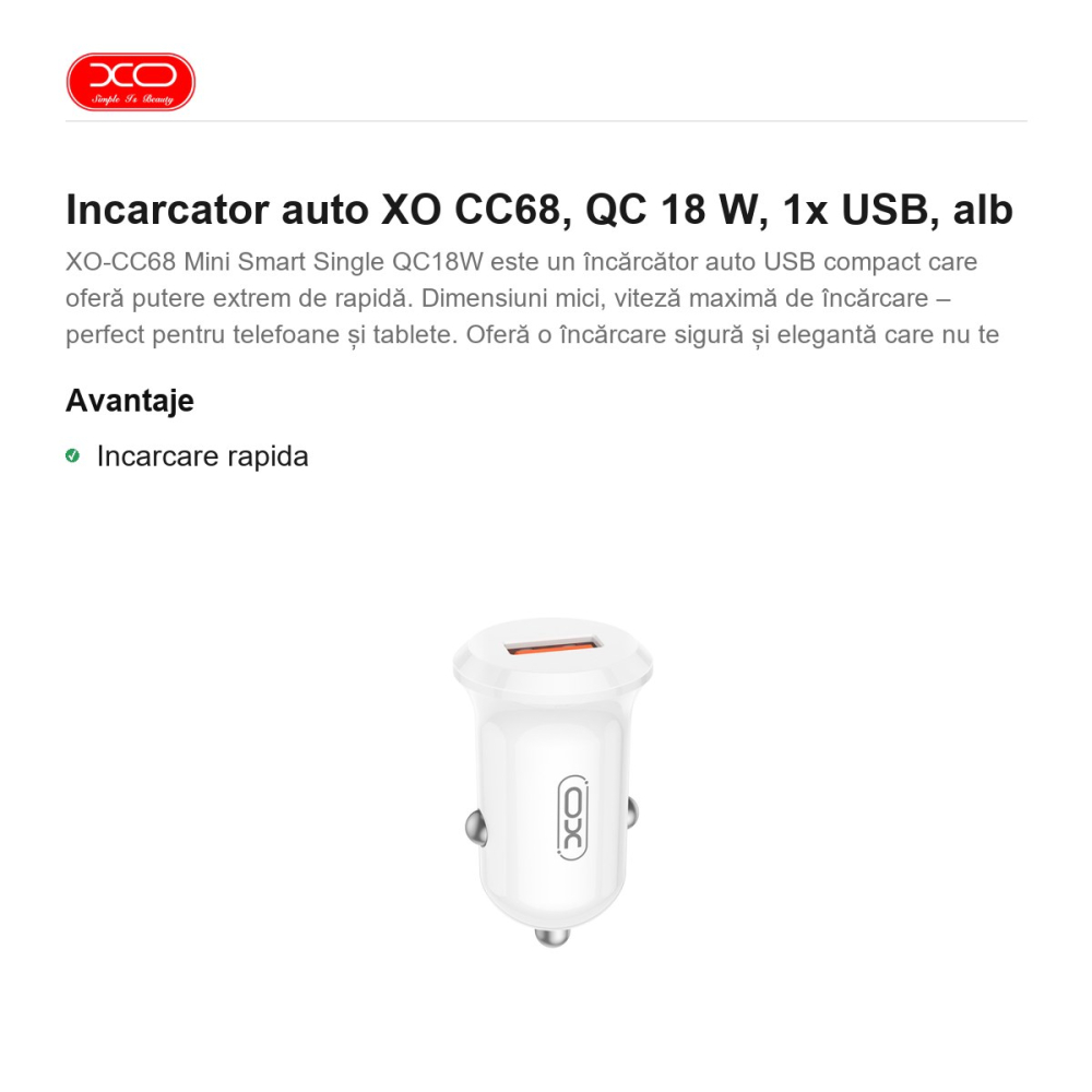 Incarcator auto XO CC68, QC 18 W, 1x USB, alb [2]