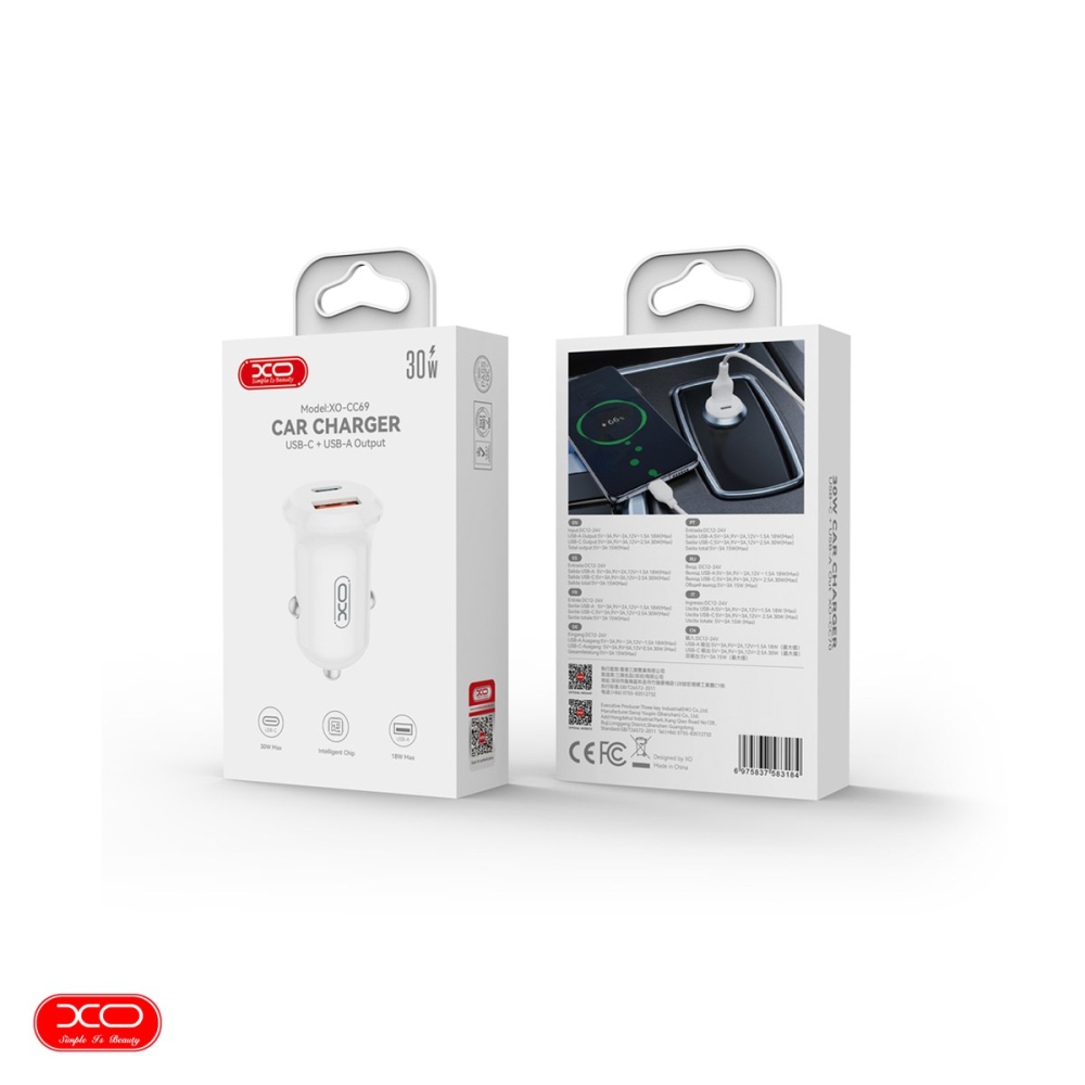 Incarcator auto XO CC69, PD QC 30 W, 1x USB + 1x USB-C, alb [4]