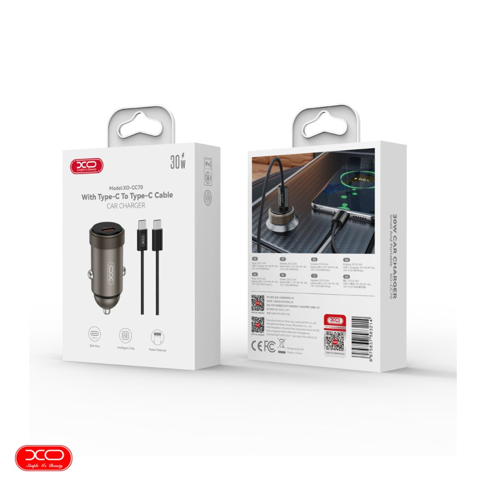 Incarcator auto XO CC70, PD 30 W, 1x USB-C, cu cablu USB-C - USB-C, negru [4]
