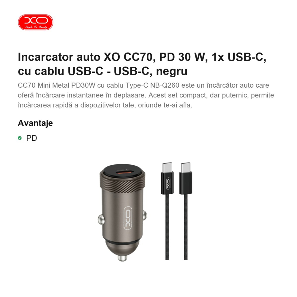 Incarcator auto XO CC70, PD 30 W, 1x USB-C, cu cablu USB-C - USB-C, negru [2]