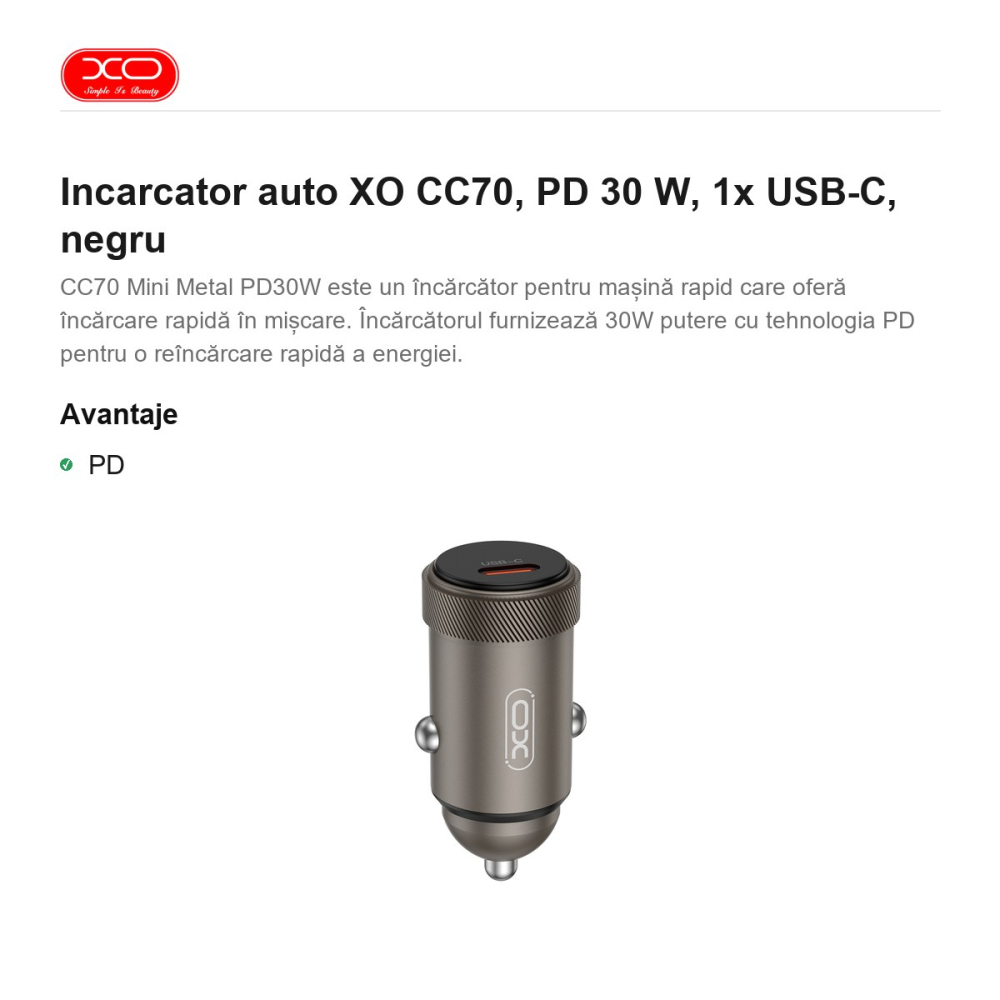 Incarcator auto XO CC70, PD 30 W, 1x USB-C, negru [2]