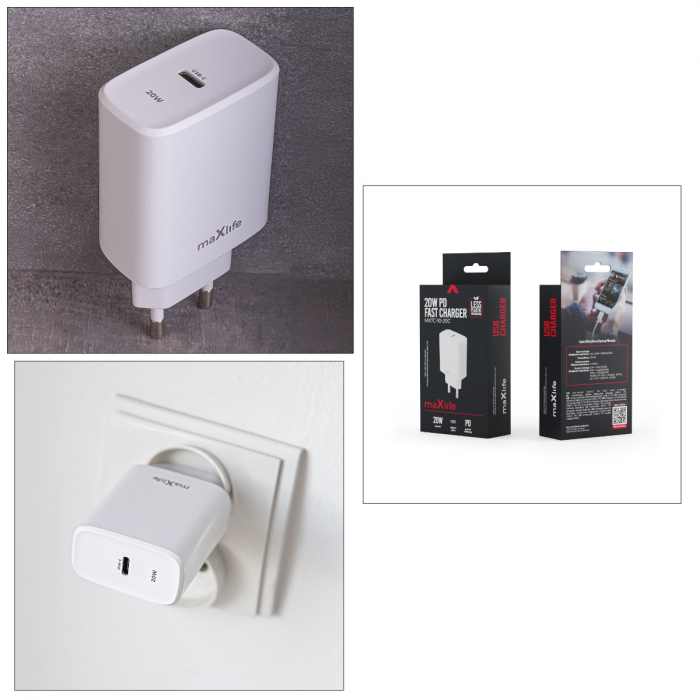 Incarcator cu port USB-C la priza Euro, Quick Charge+, PD 20W, 3A, Maxlife, 100-240V, alb [5]