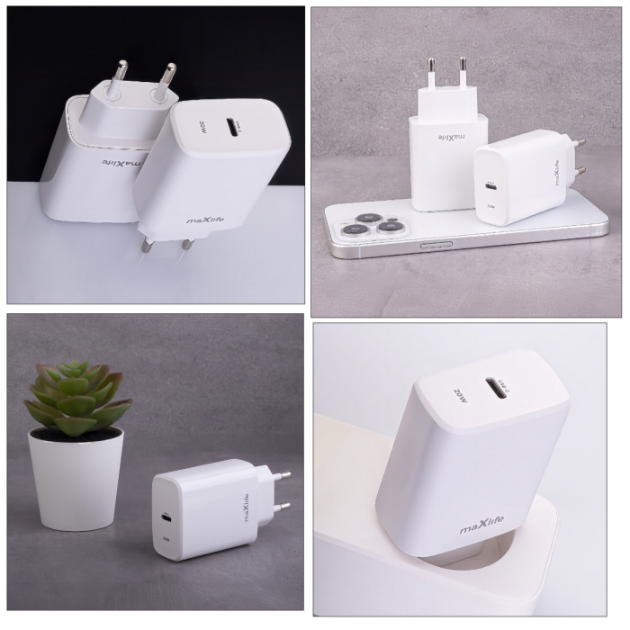 Incarcator cu port USB-C la priza Euro, Quick Charge+, PD 20W, 3A, Maxlife, 100-240V, alb [4]