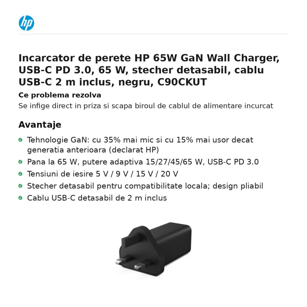 Incarcator de perete HP 65W GaN Wall Charger, USB-C PD 3.0, 65 W, stecher detasabil, cablu USB-C 2 m inclus, negru, C90CKUT [2]