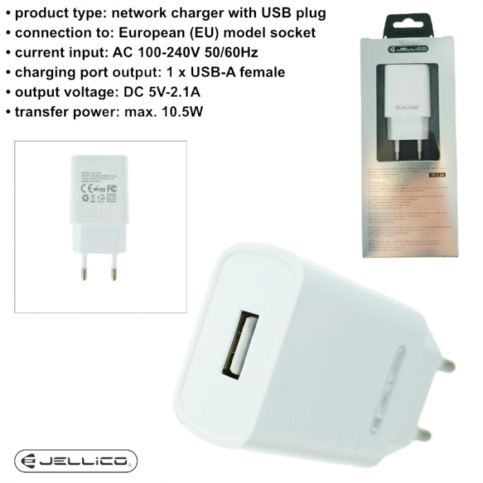 Incarcator de retea cu un port USB, Jellico WJ-C58 92399, 5V, 2.1A, alb [6]
