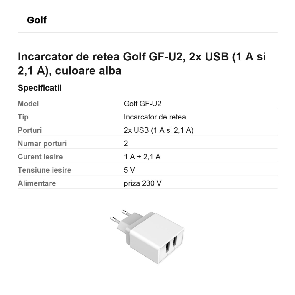 Incarcator de retea Golf GF-U2, 2x USB (1 A si 2,1 A), culoare alba [3]