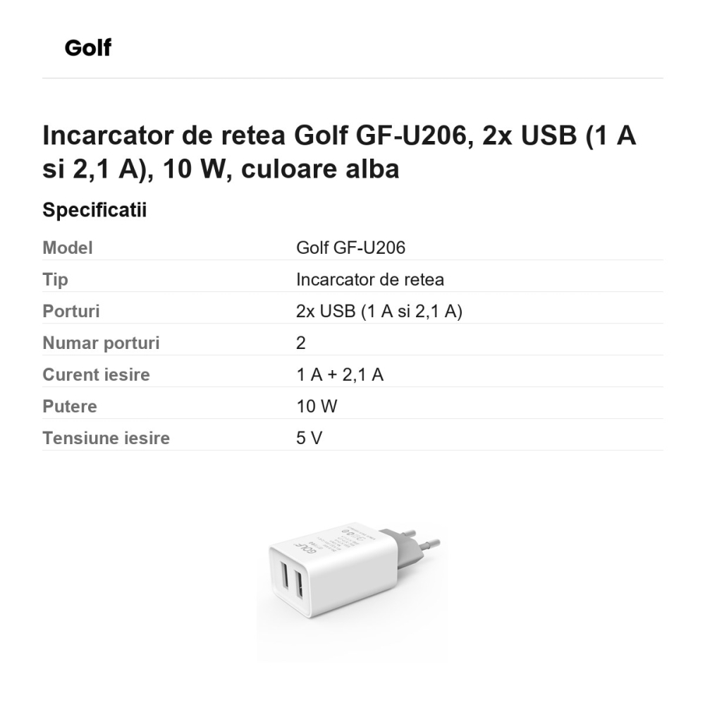 Incarcator de retea Golf GF-U206, 2x USB (1 A si 2,1 A), 10 W, culoare alba [3]