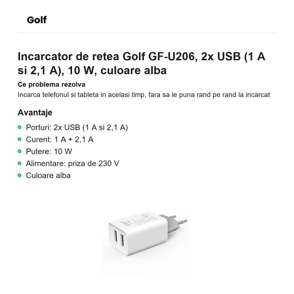 Incarcator de retea Golf GF-U206, 2x USB (1 A si 2,1 A), 10 W, culoare alba [2]