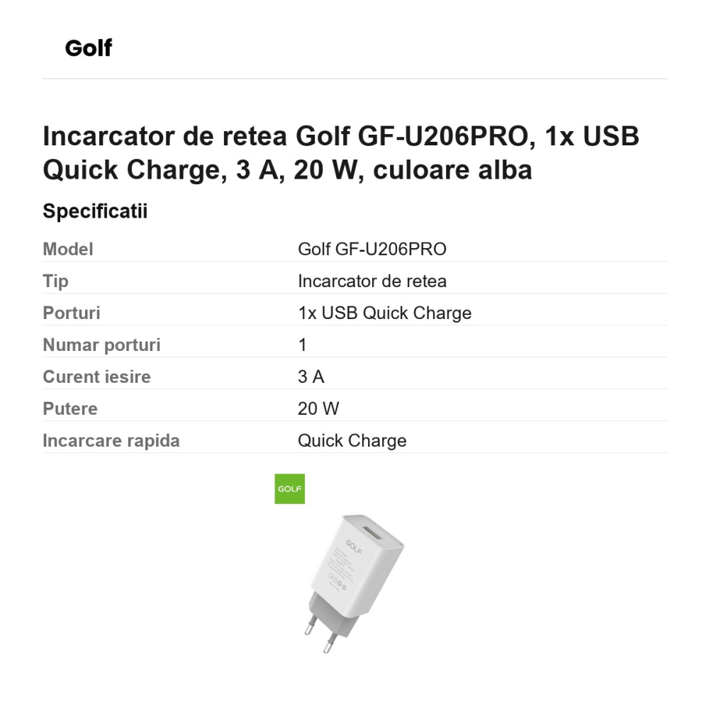 Incarcator de retea Golf GF-U206PRO, 1x USB Quick Charge, 3 A, 20 W, culoare alba [3]