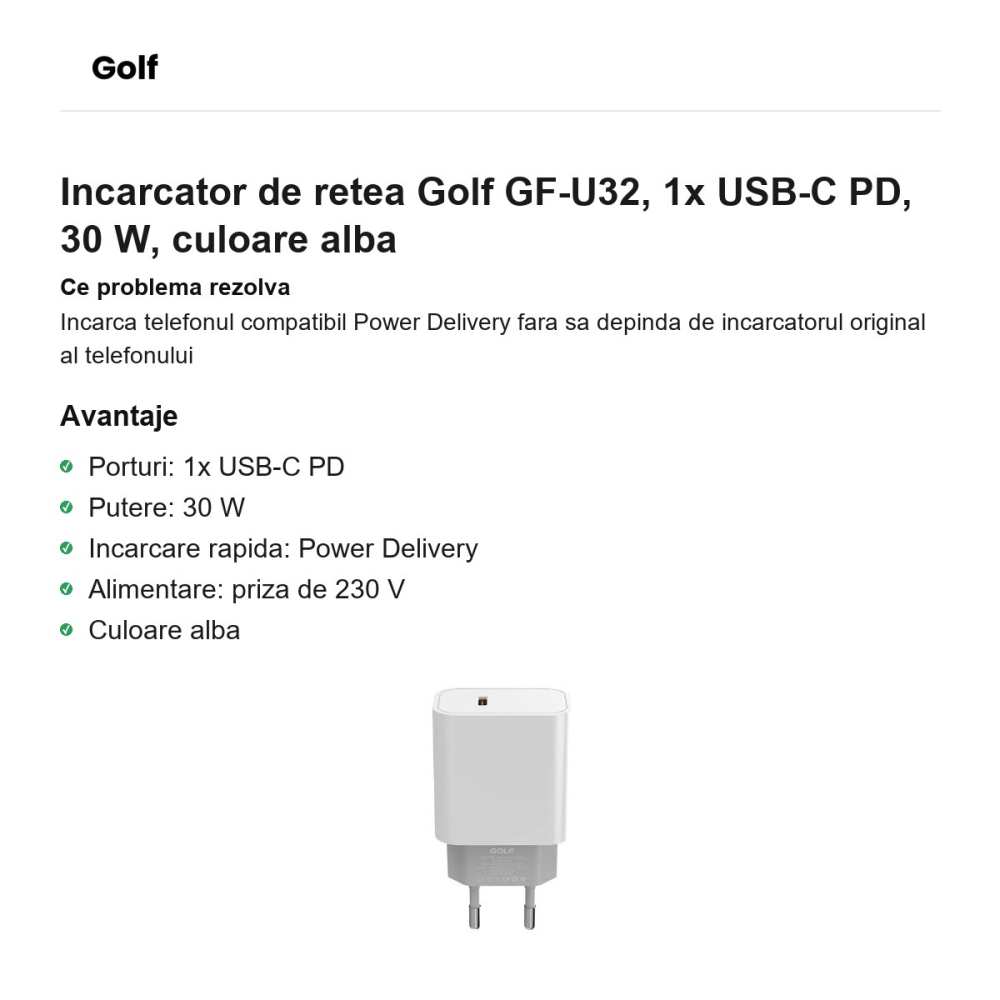Incarcator de retea Golf GF-U32, 1x USB-C PD, 30 W, culoare alba [2]