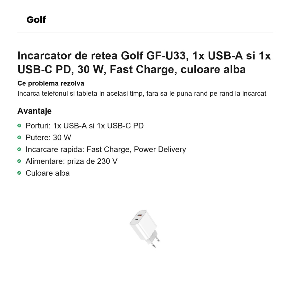 Incarcator de retea Golf GF-U33, 1x USB-A si 1x USB-C PD, 30 W, Fast Charge, culoare alba [2]