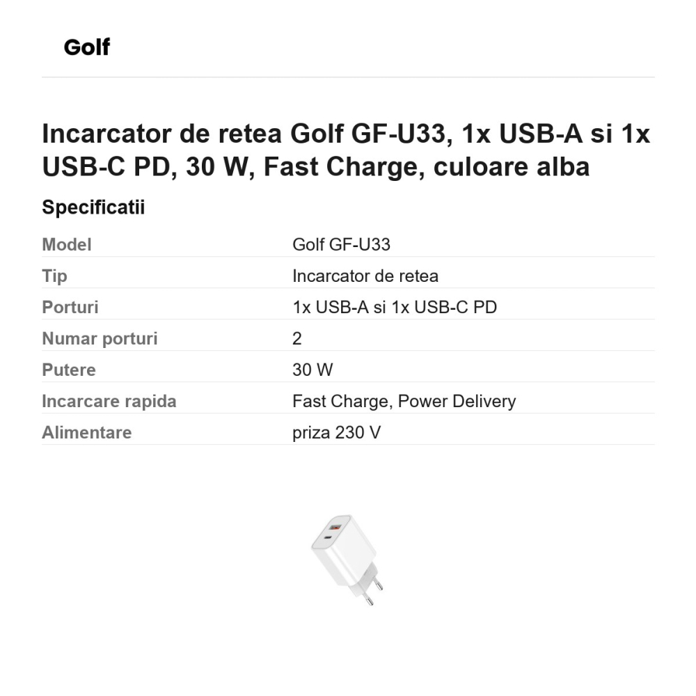 Incarcator de retea Golf GF-U33, 1x USB-A si 1x USB-C PD, 30 W, Fast Charge, culoare alba [3]