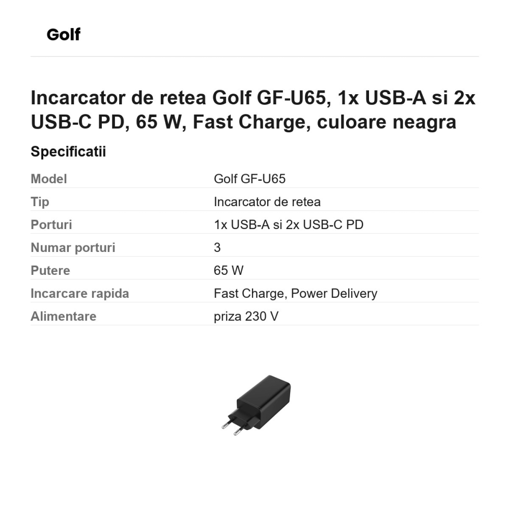 Incarcator de retea Golf GF-U65, 1x USB-A si 2x USB-C PD, 65 W, Fast Charge, culoare neagra [3]