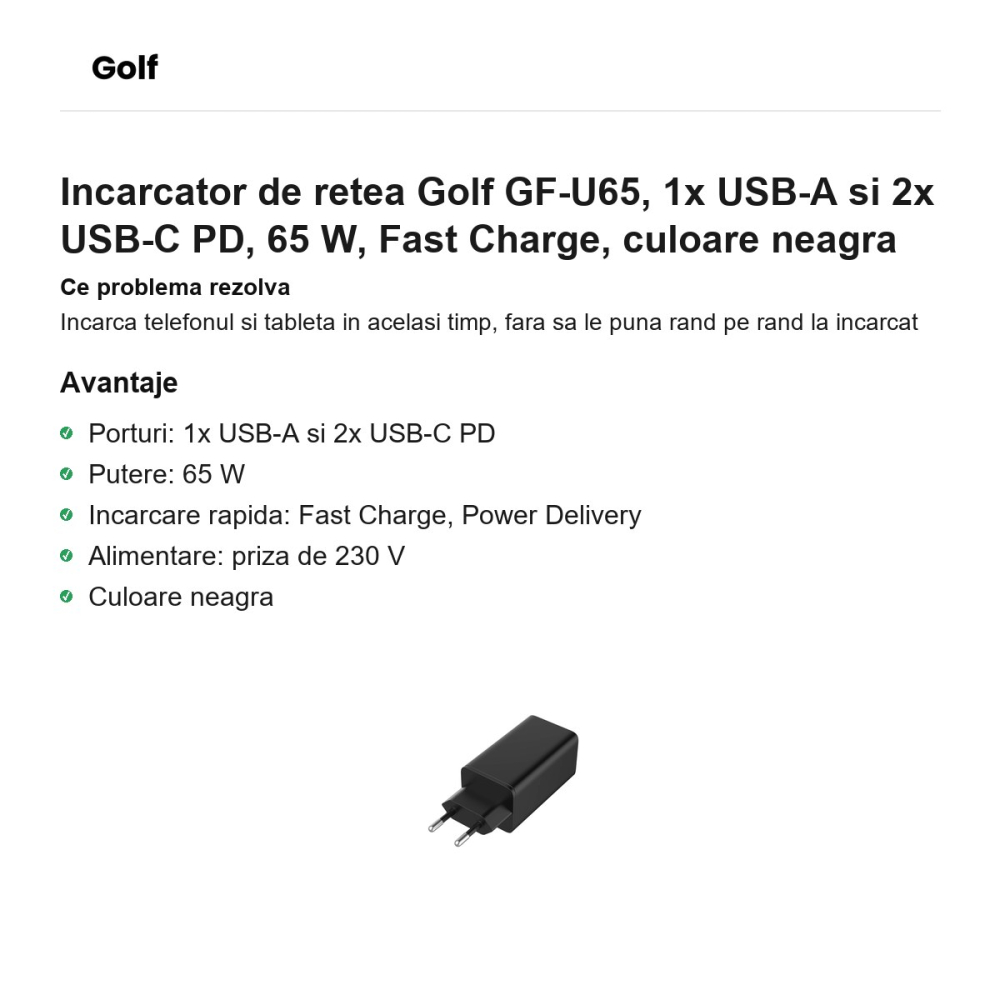 Incarcator de retea Golf GF-U65, 1x USB-A si 2x USB-C PD, 65 W, Fast Charge, culoare neagra [2]