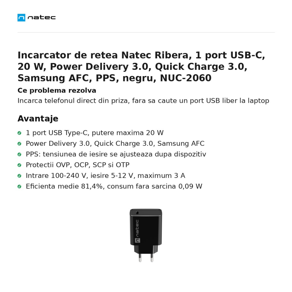 Incarcator de retea Natec Ribera, 1 port USB-C, 20 W, Power Delivery 3.0, Quick Charge 3.0, Samsung AFC, PPS, negru, NUC-2060 [2]