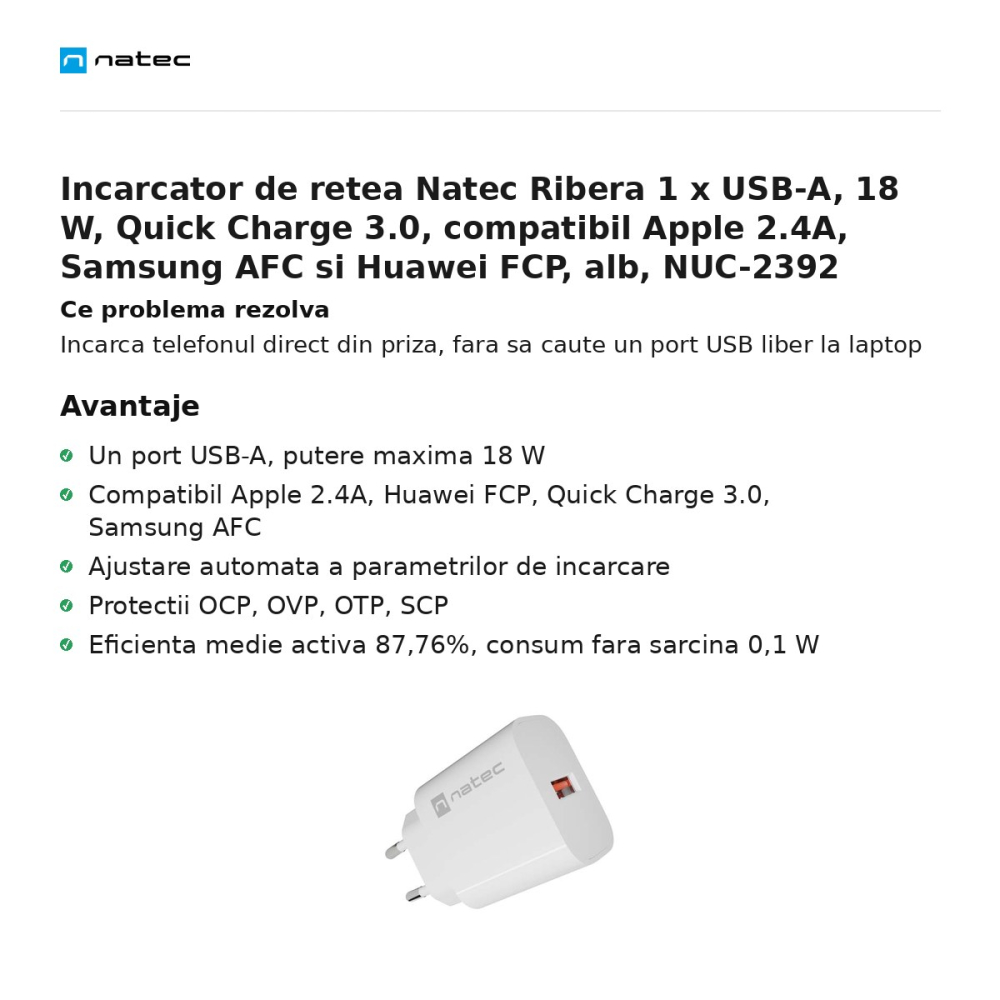 Incarcator de retea Natec Ribera 1 x USB-A, 18 W, Quick Charge 3.0, compatibil Apple 2.4A, Samsung AFC si Huawei FCP, alb, NUC-2392 [2]
