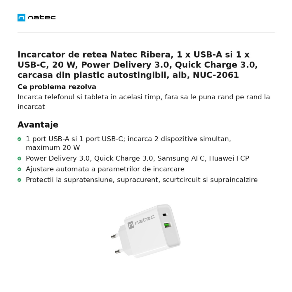 Incarcator de retea Natec Ribera, 1 x USB-A si 1 x USB-C, 20 W, Power Delivery 3.0, Quick Charge 3.0, carcasa din plastic autostingibil, alb, NUC-2061 [2]