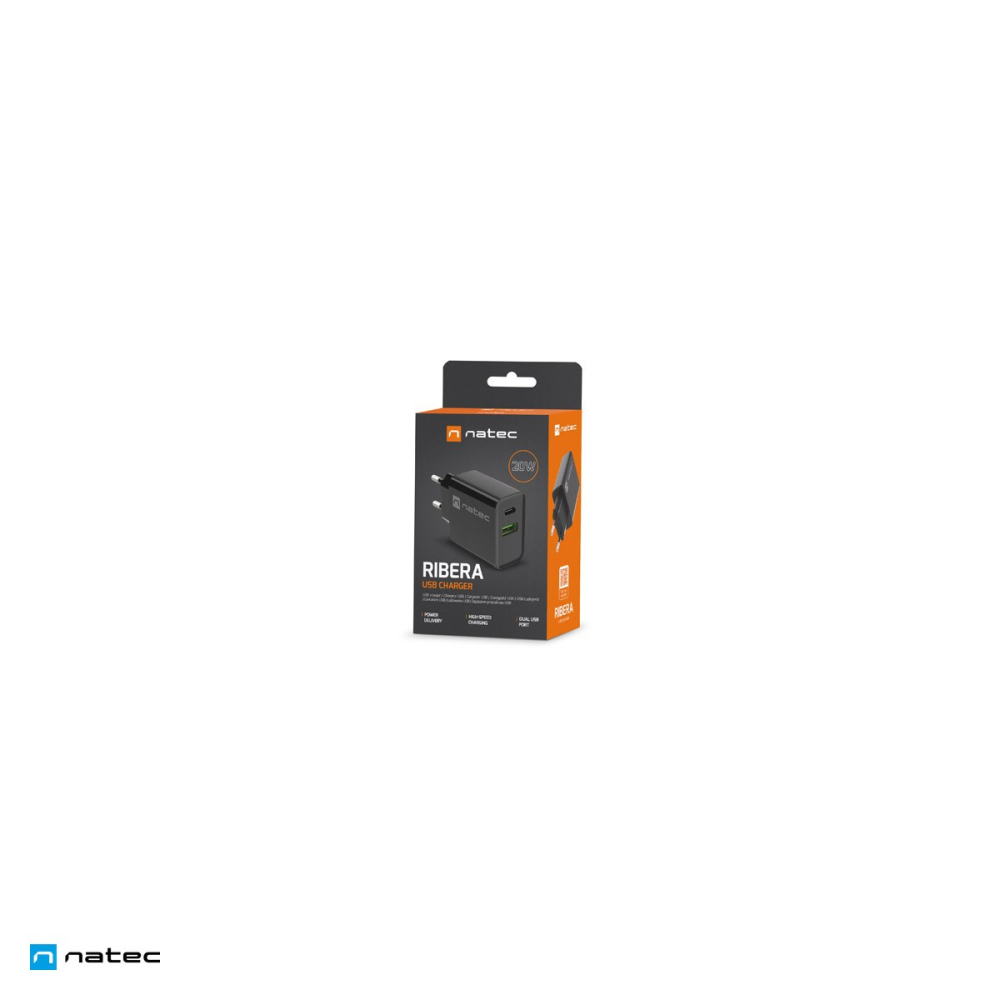 Incarcator de retea Natec Ribera, 1 x USB-A si 1 x USB-C, 20 W, Power Delivery 3.0, Quick Charge 3.0, carcasa din plastic autostingibil, negru, NUC-2062 [6]