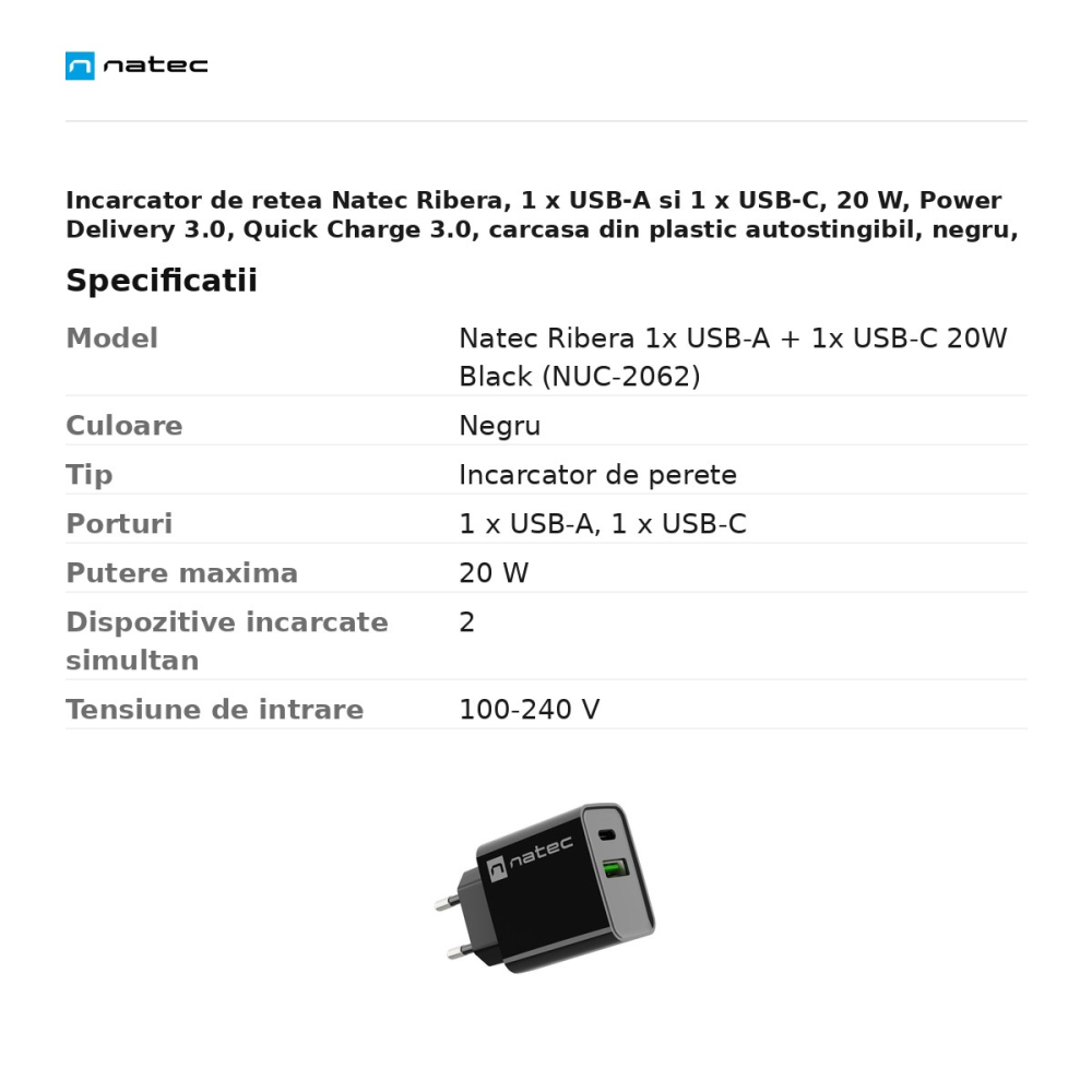 Incarcator de retea Natec Ribera, 1 x USB-A si 1 x USB-C, 20 W, Power Delivery 3.0, Quick Charge 3.0, carcasa din plastic autostingibil, negru, NUC-2062 [3]
