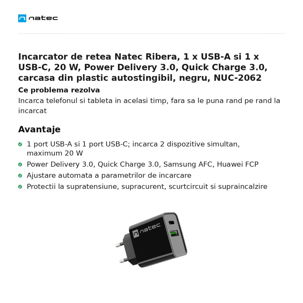 Incarcator de retea Natec Ribera, 1 x USB-A si 1 x USB-C, 20 W, Power Delivery 3.0, Quick Charge 3.0, carcasa din plastic autostingibil, negru, NUC-2062 [2]