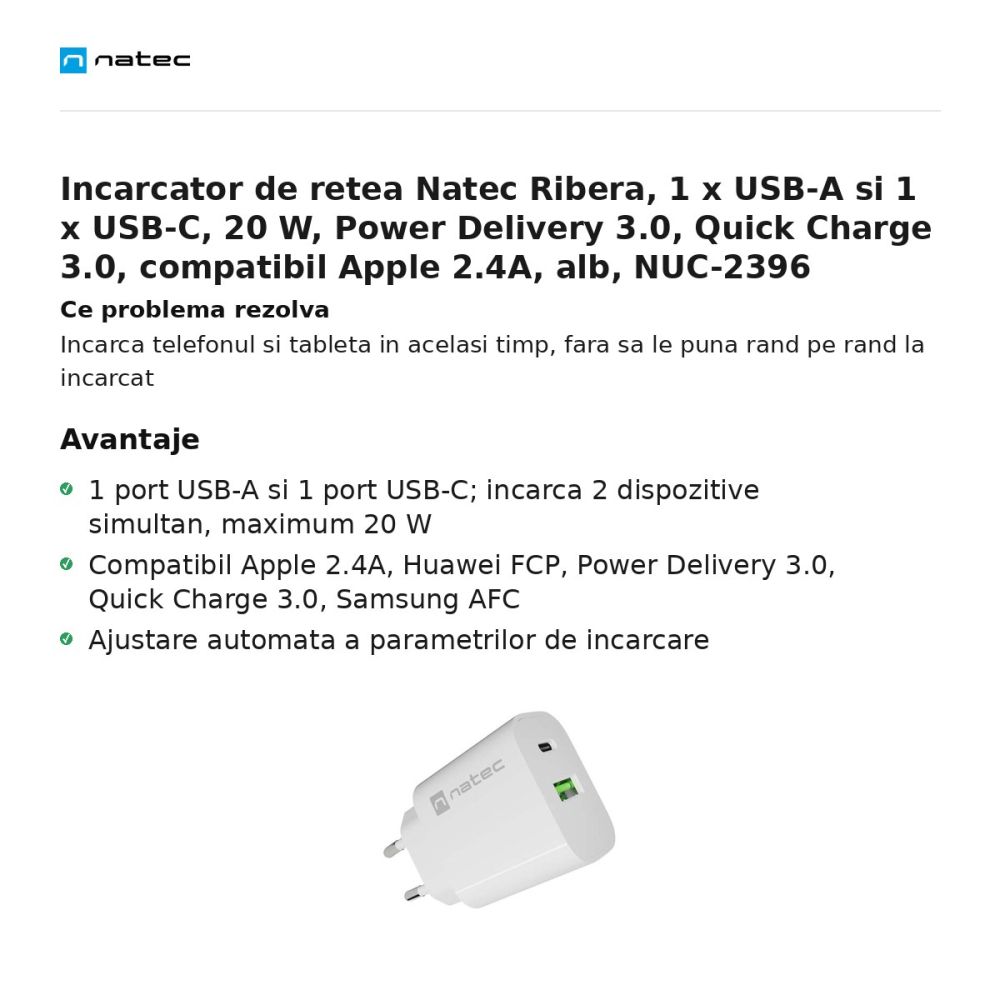 Incarcator de retea Natec Ribera, 1 x USB-A si 1 x USB-C, 20 W, Power Delivery 3.0, Quick Charge 3.0, compatibil Apple 2.4A, alb, NUC-2396 [2]