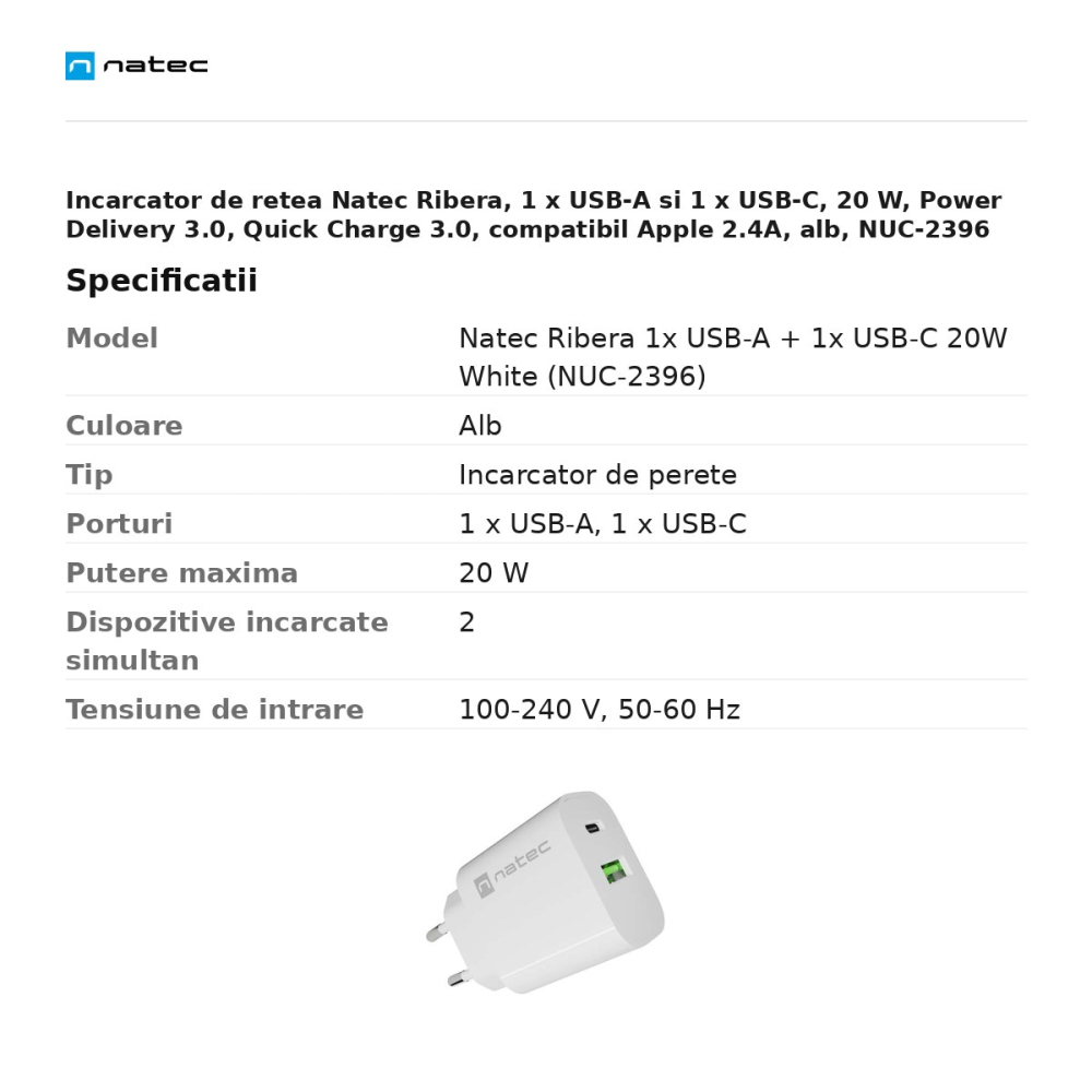 Incarcator de retea Natec Ribera, 1 x USB-A si 1 x USB-C, 20 W, Power Delivery 3.0, Quick Charge 3.0, compatibil Apple 2.4A, alb, NUC-2396 [3]